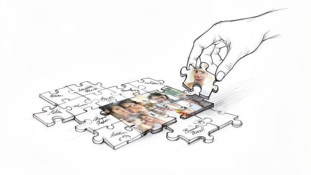 A hand places a puzzle piece with a woman's face into a larger photo puzzle structure.