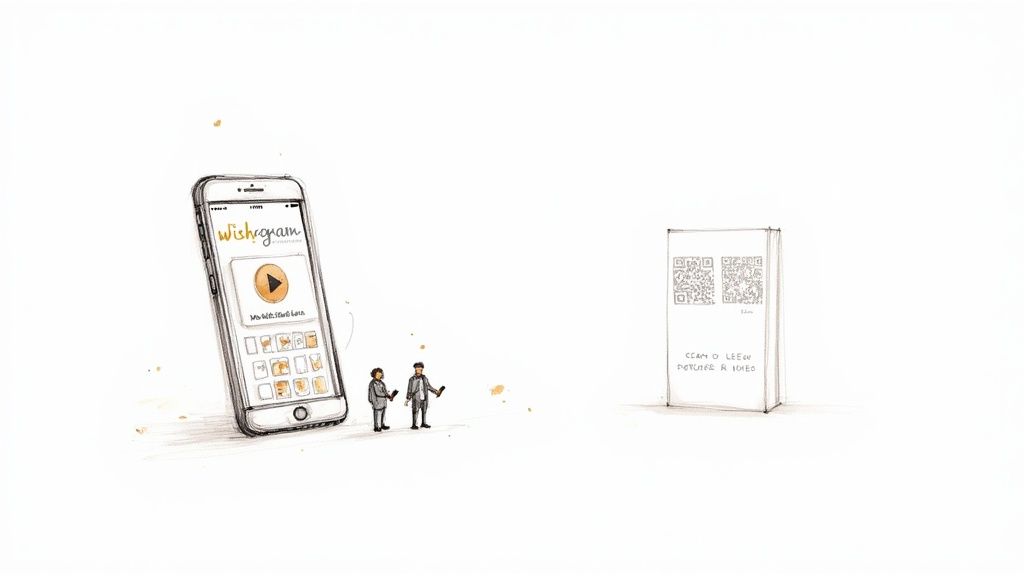 Illustration of two men looking at a smartphone displaying the 'Wishgram' app with QR codes on a card.
