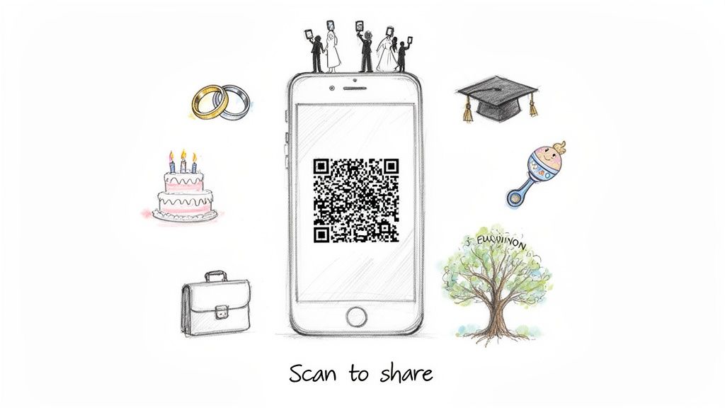 A smartphone with a QR code surrounded by illustrations of life events like weddings, birthdays, graduation, and a baby.