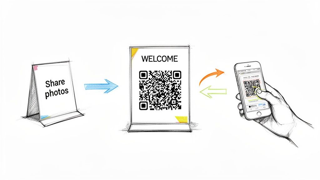 Illustration of sharing photos by scanning a QR code with a smartphone.
