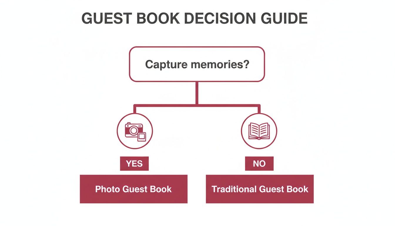 A guest book decision guide flowchart asking 'Capture memories?' leading to Photo or Traditional Guest Books.