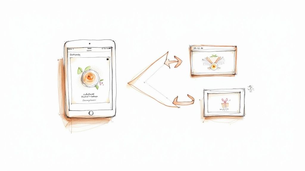 A sketch shows a tablet displaying an app, linked by arrows to two event invitation designs.