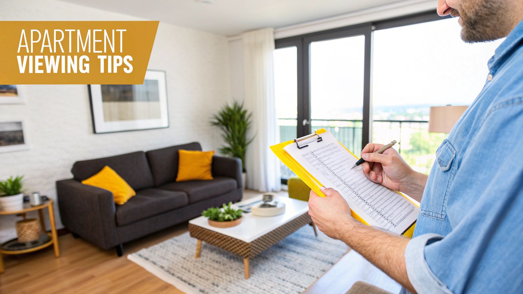 A prospective renter inspecting a well-lit apartment in Marrakech, with a checklist in hand.