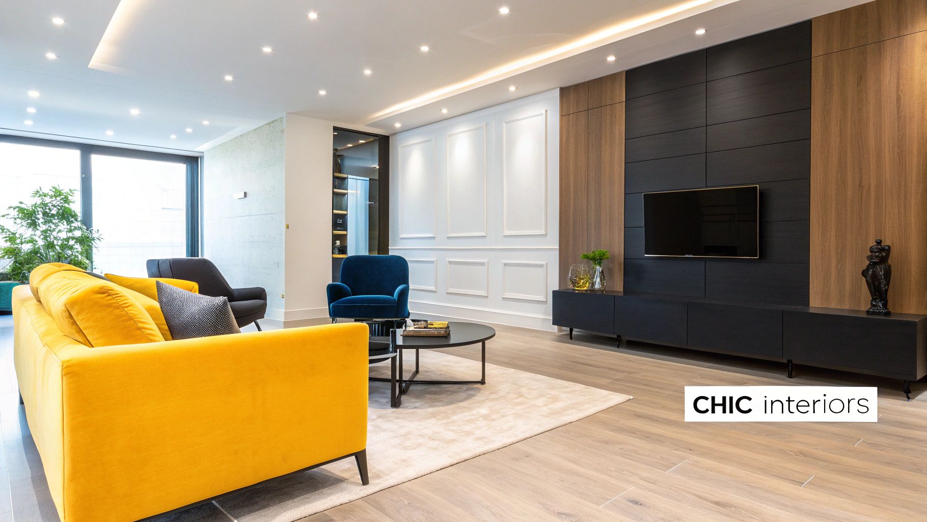 A stylish, well-lit living room in a high-end apartment with a view, ready for tenants.