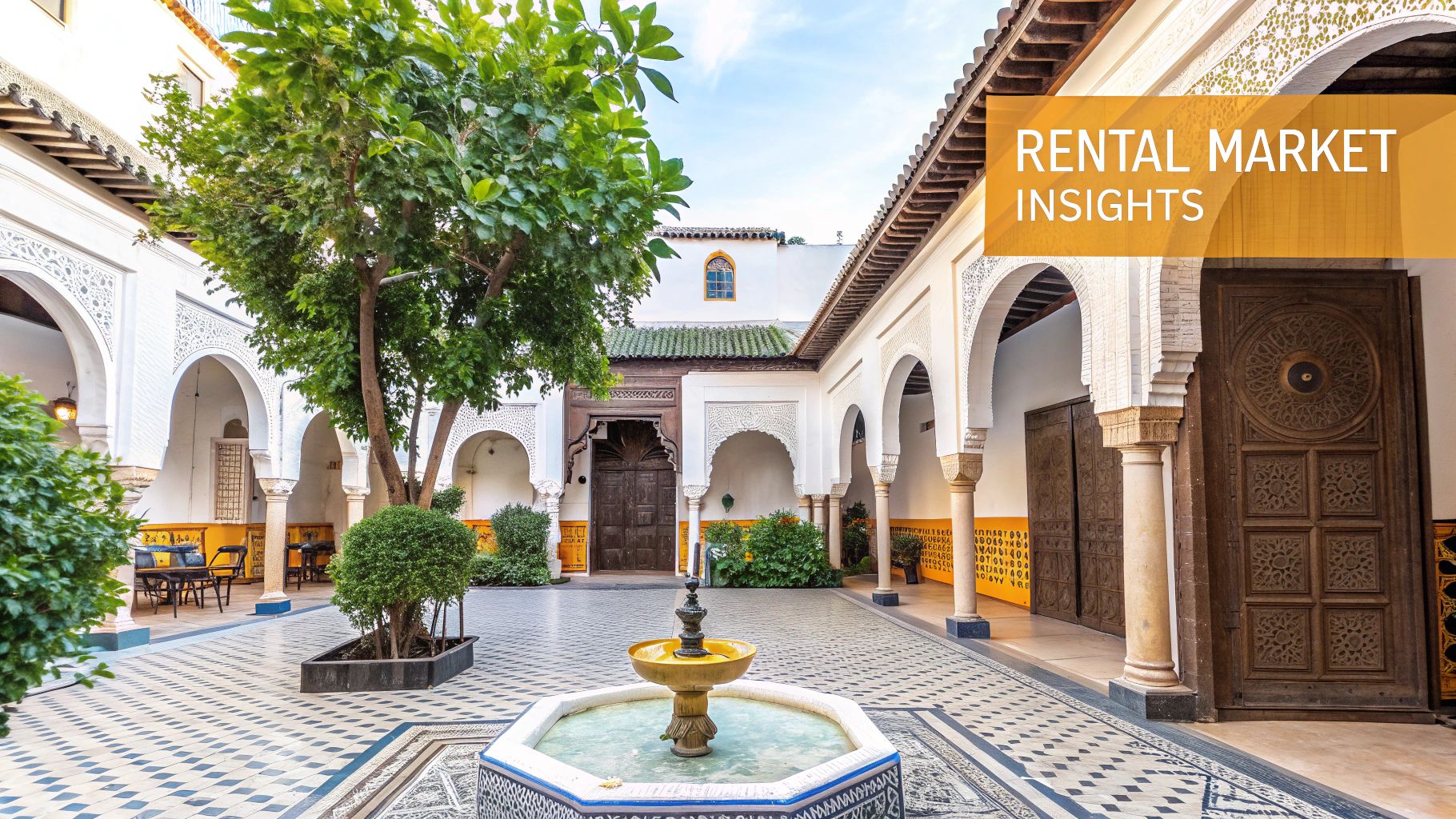 A serene courtyard of a traditional Moroccan riad with intricate tilework and a central fountain, ready for a renter.