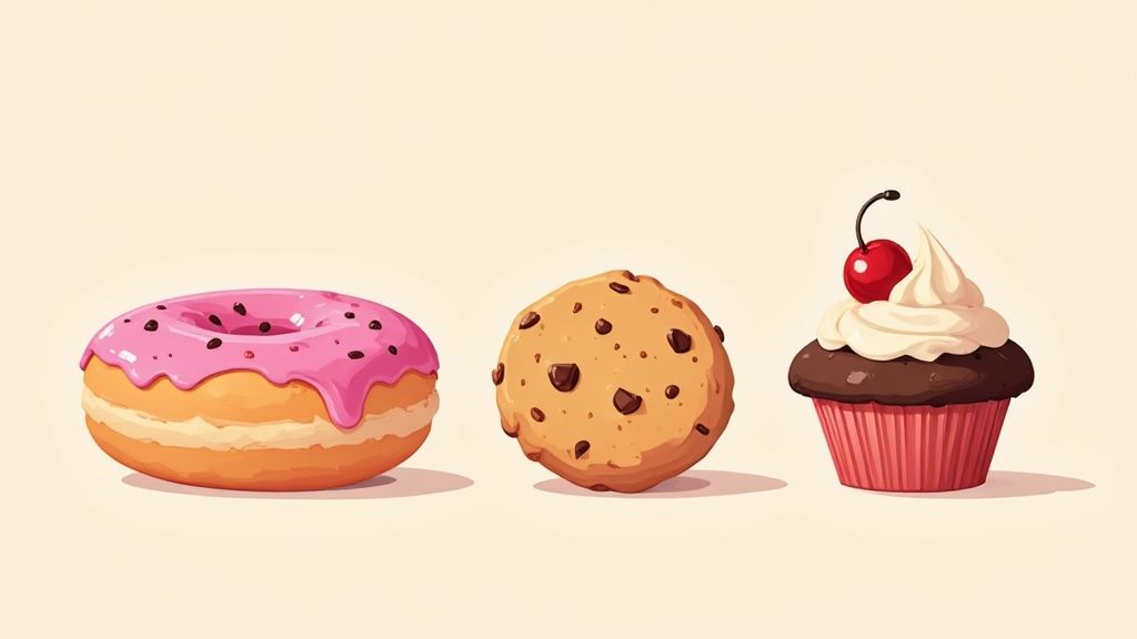 Une sélection de desserts rapides incluant des donuts et des gâteaux.