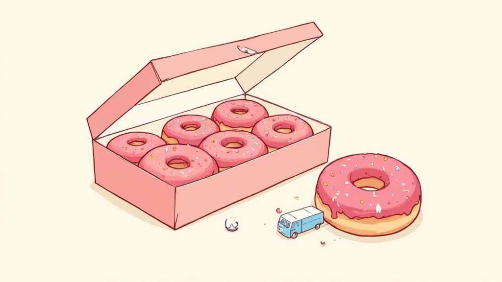 Une personne tenant délicatement une boîte de donuts fraîchement préparés.