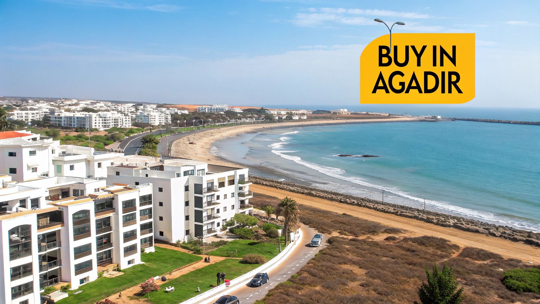 Modern apartment building with clear blue sky in the background, representing a real estate investment in Agadir.
