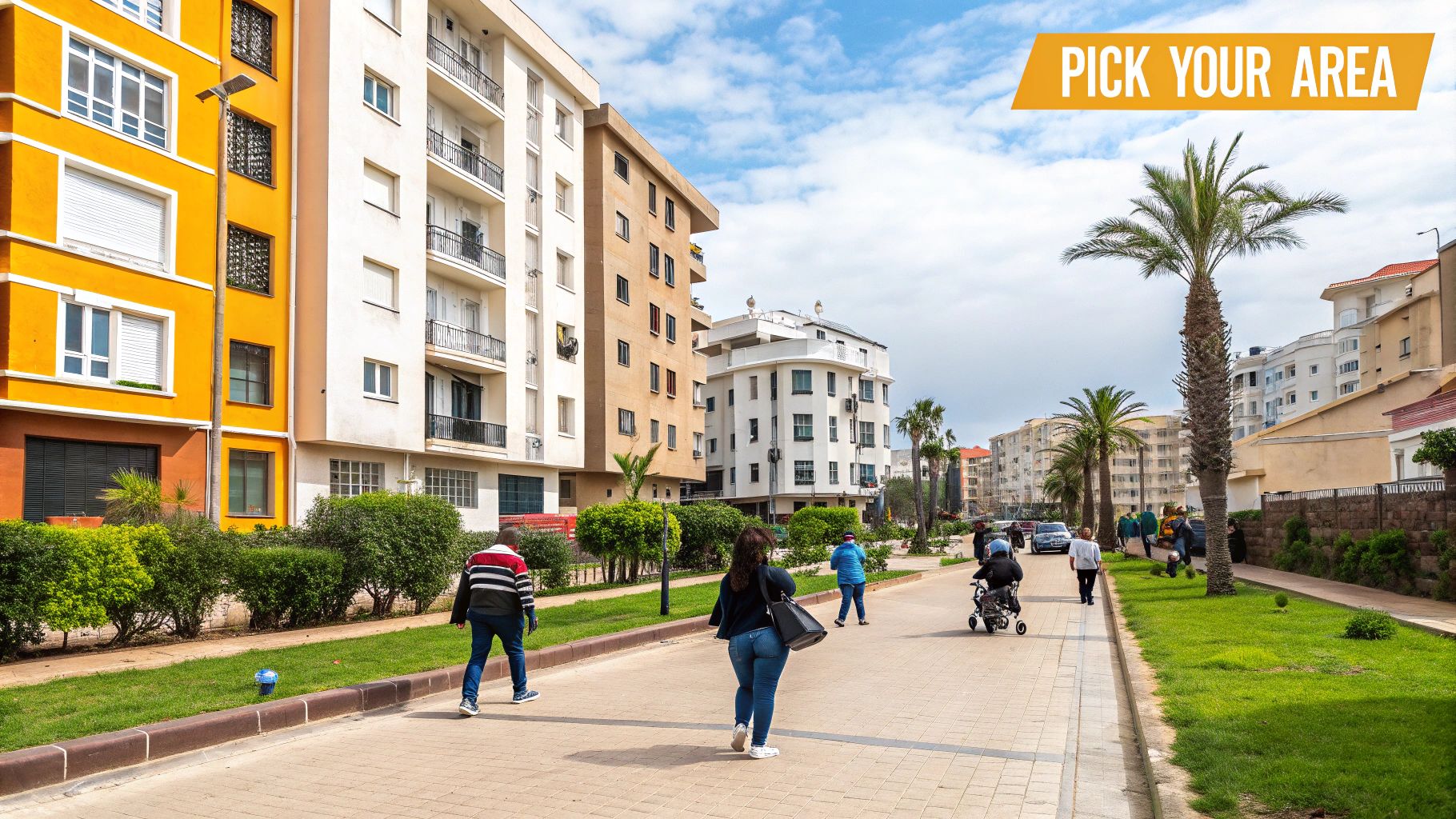 A scenic view of a residential neighborhood in Casablanca with modern buildings and green spaces