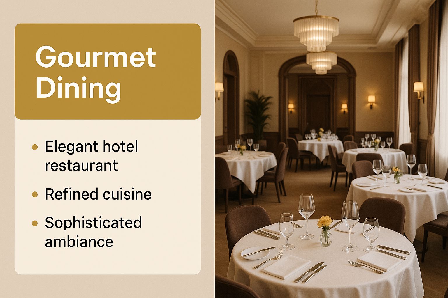 Infographic about gourmet dining at W Hotel Marrakech, showing an elegant restaurant interior with text 'Gourmet Dining'.