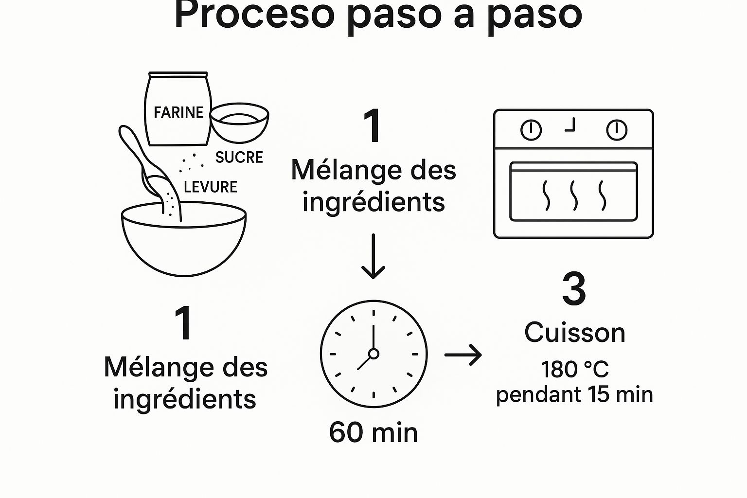 Infographie montrant le processus de création des donuts : mélange, repos et cuisson.
