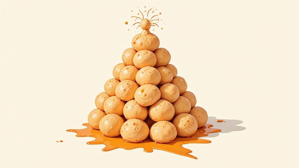 Un Croquembouche décoré, pièce maîtresse d'une table de fête.