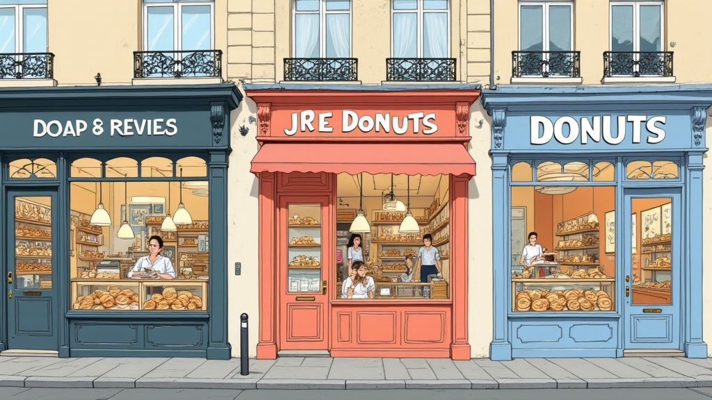Plusieurs donuts colorés et créatifs alignés sur un comptoir de boutique parisienne