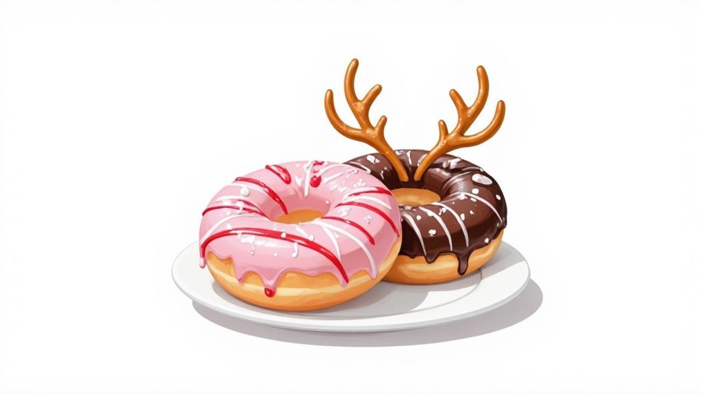 Donuts de Noël décorés avec des glaçages colorés et des paillettes festives.