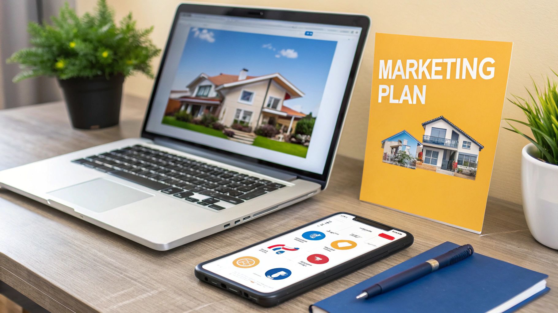 A group of professionals, including a real estate agent and a client, smiling and shaking hands in front of a house.