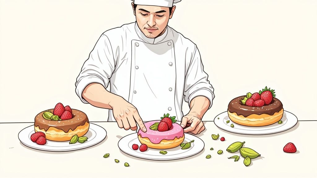 Un assortiment de donuts artisanaux aux glaçages complexes et décorations soignées.