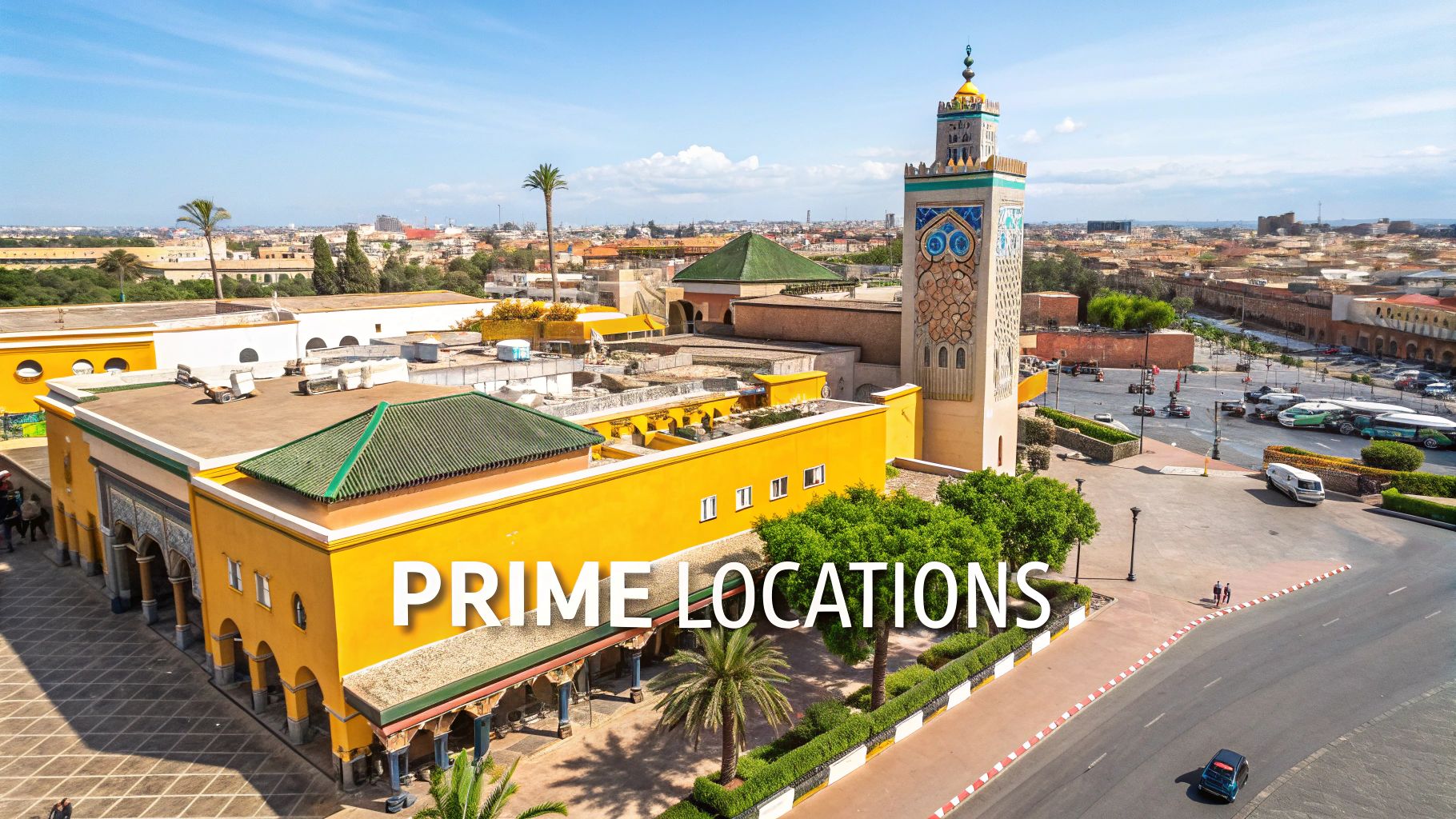 Modern buildings against a backdrop of traditional Moroccan architecture