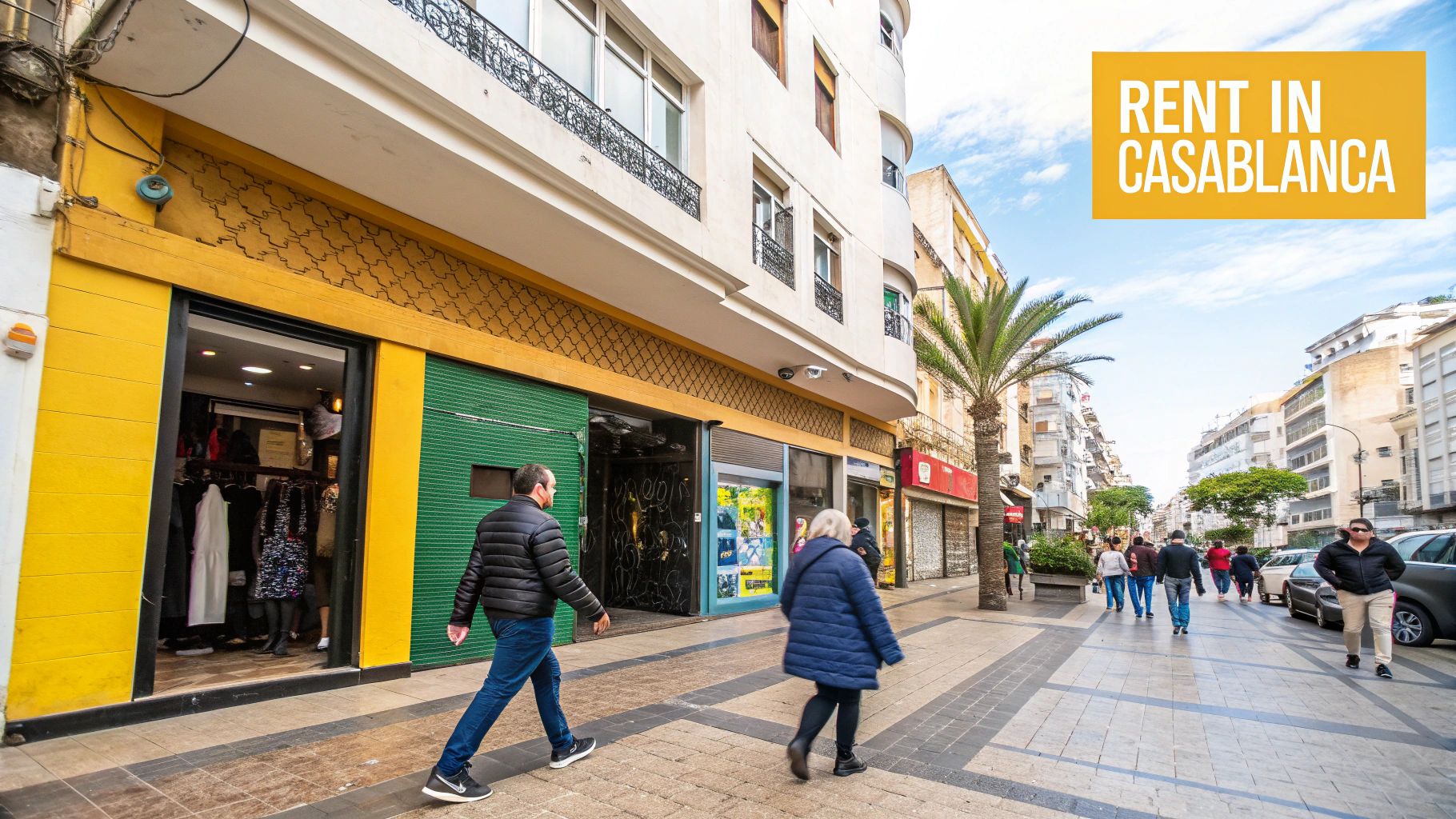 A vibrant street scene in Casablanca with modern buildings and bustling activity