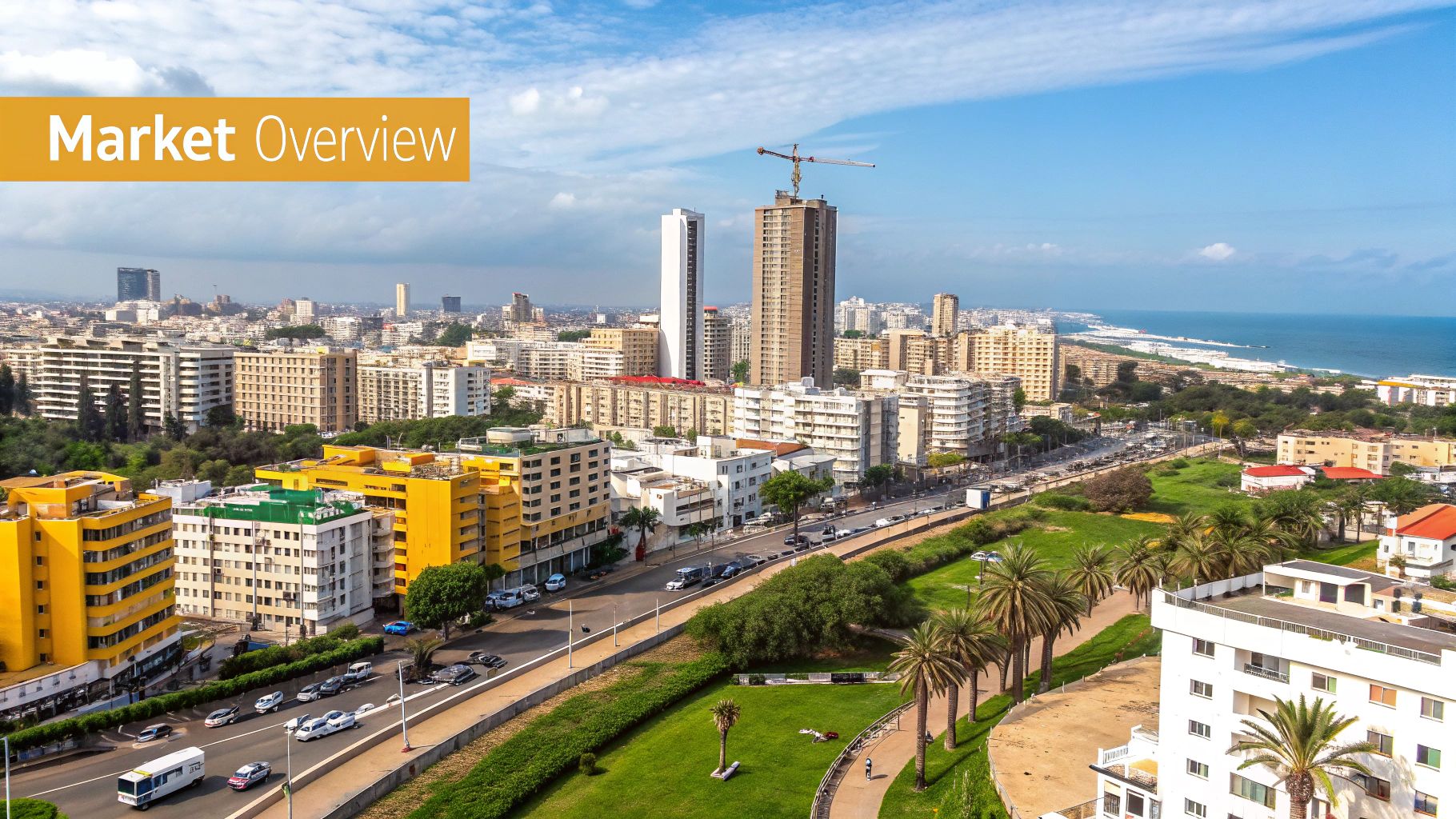 Modern building exteriors against a clear blue sky, symbolizing the Casablanca property market.