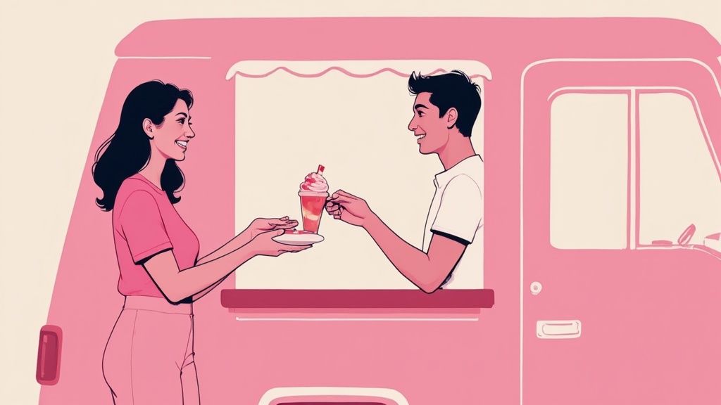 Gros plan sur une main décorant un donut avec un glaçage blanc et des vermicelles colorés.