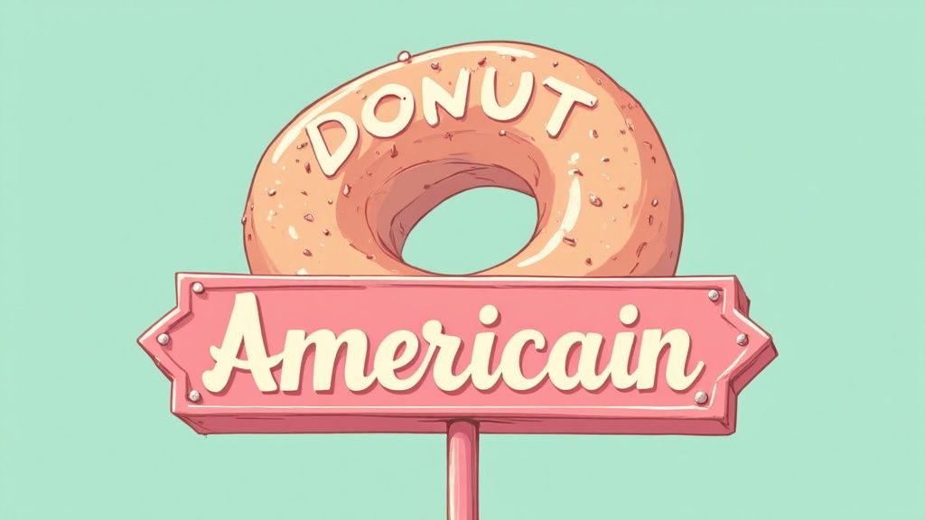 Un assortiment de donuts américains avec différents glaçages colorés, dont un au premier plan avec un glaçage rose et des vermicelles.