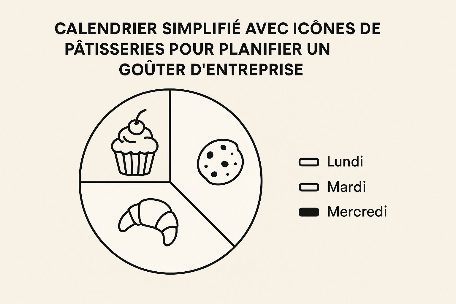 Infographie montrant un calendrier de planification pour un goûter d'entreprise, avec des icônes de pâtisseries.