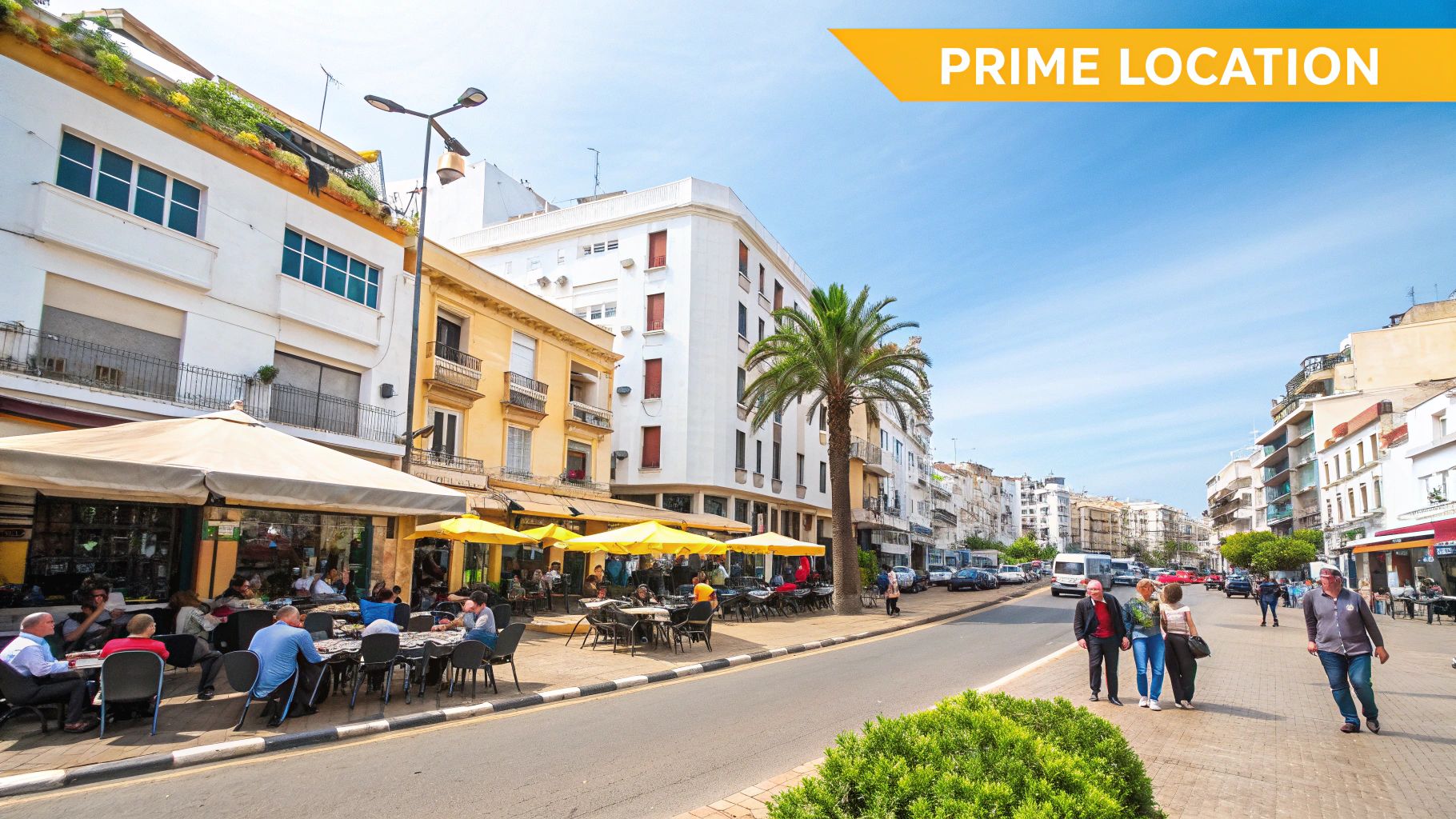 A wide, tree-lined boulevard in Casablanca with classic white buildings and a modern tram.