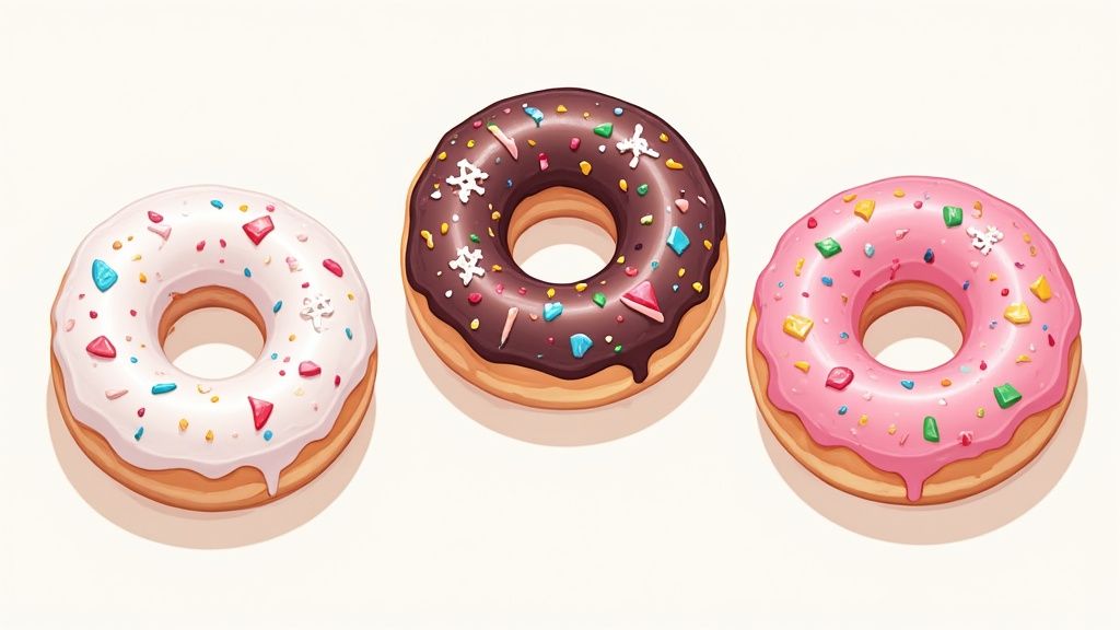 Donuts de Noël joliment décorés de glaçages et de perles de sucre