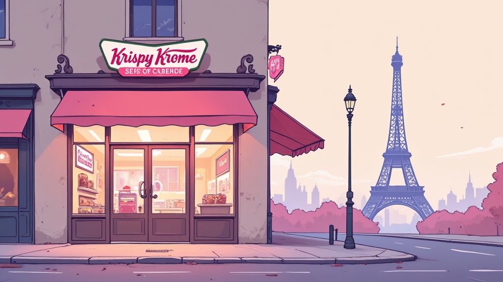 Boîte de donuts Krispy Kreme tenue devant une boutique