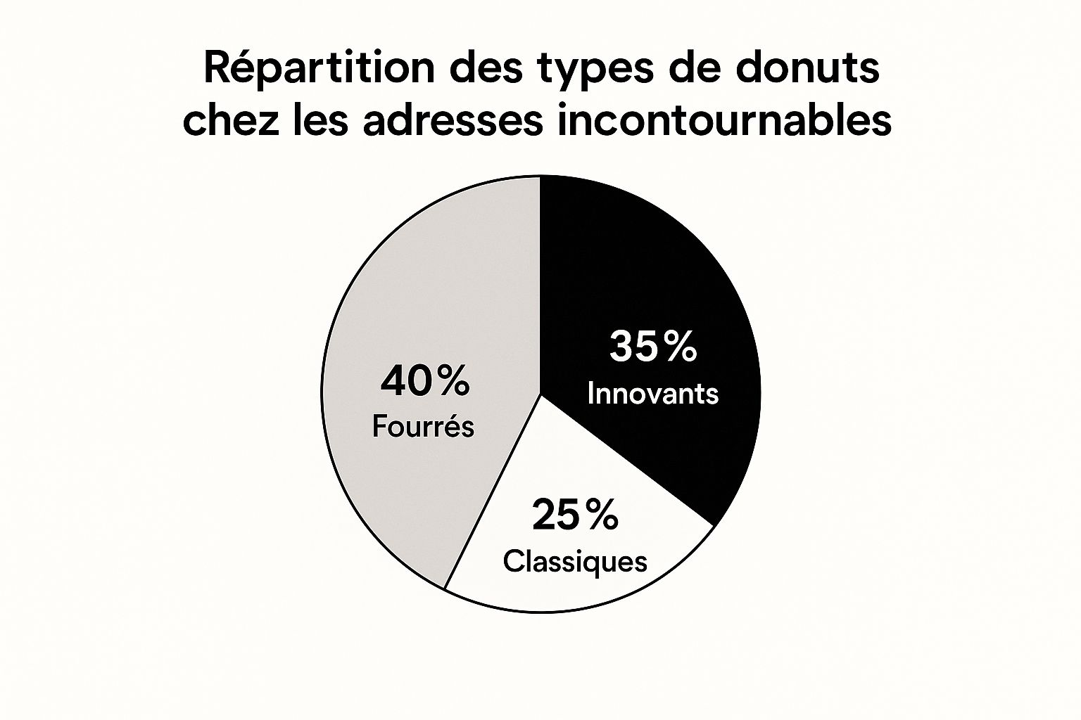 Infographie montrant la répartition des types de donuts populaires à Paris : 40% Fourrés, 35% Innovants, 25% Classiques.