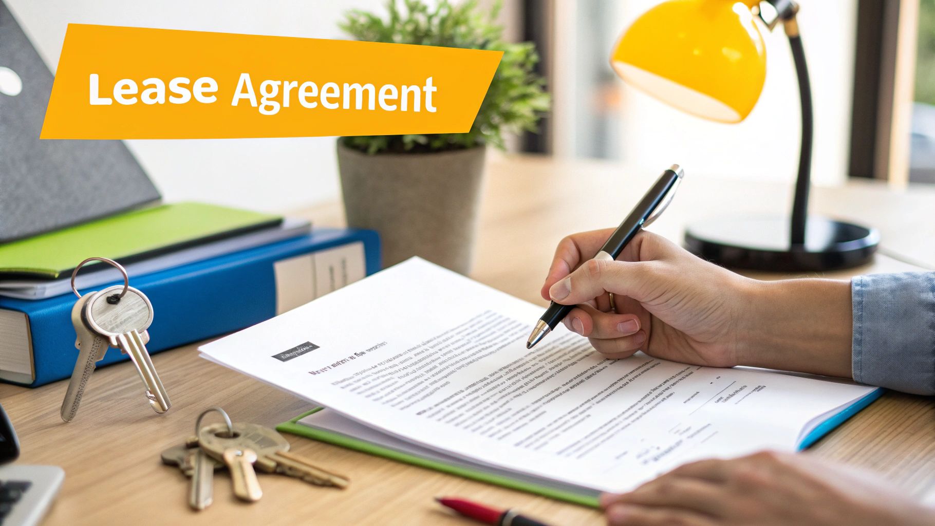 A person signing a rental contract with a set of keys on the table.