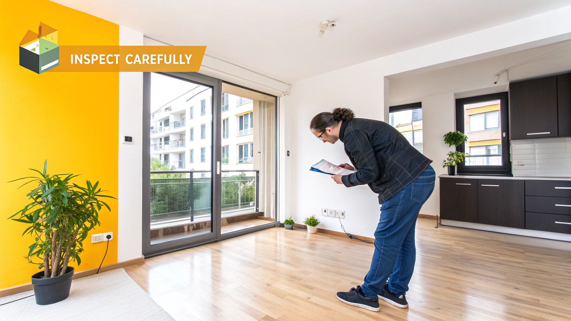 Woman inspecting an apartment interior with a checklist