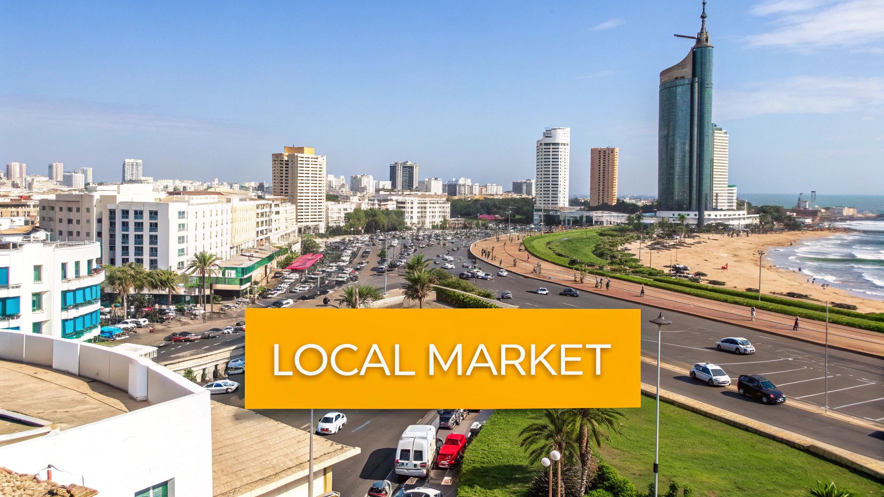 View of modern apartment buildings and the coastline in Casablanca