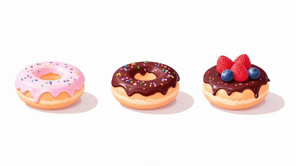Donuts colorés joliment décorés de glaçage et de sprinkles sur une grille de refroidissement