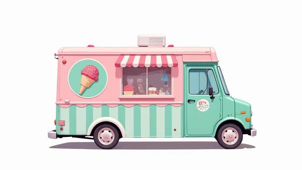 Un food truck sucré vintage bleu clair, joliment décoré et prêt pour le service.