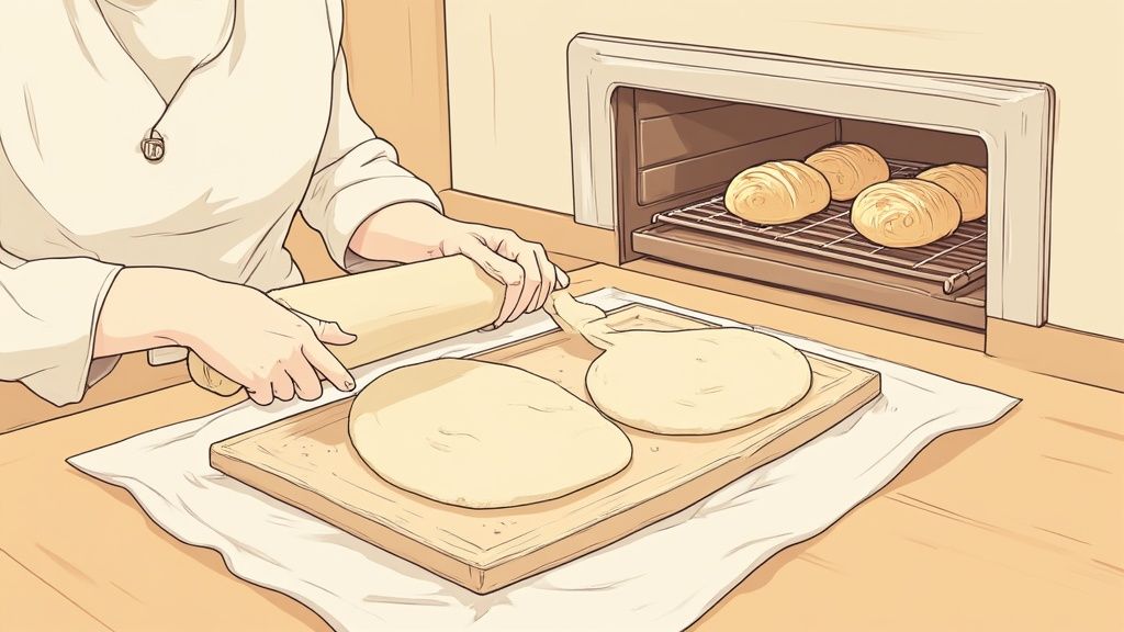 Une personne en train de rouler délicatement des bandes de pâte feuilletée sur un plan de travail