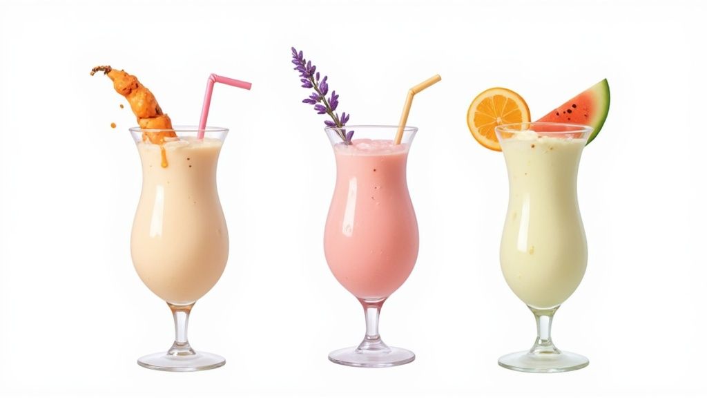 Un milkshake à la lavande dans un verre, avec des fleurs de lavande à côté.