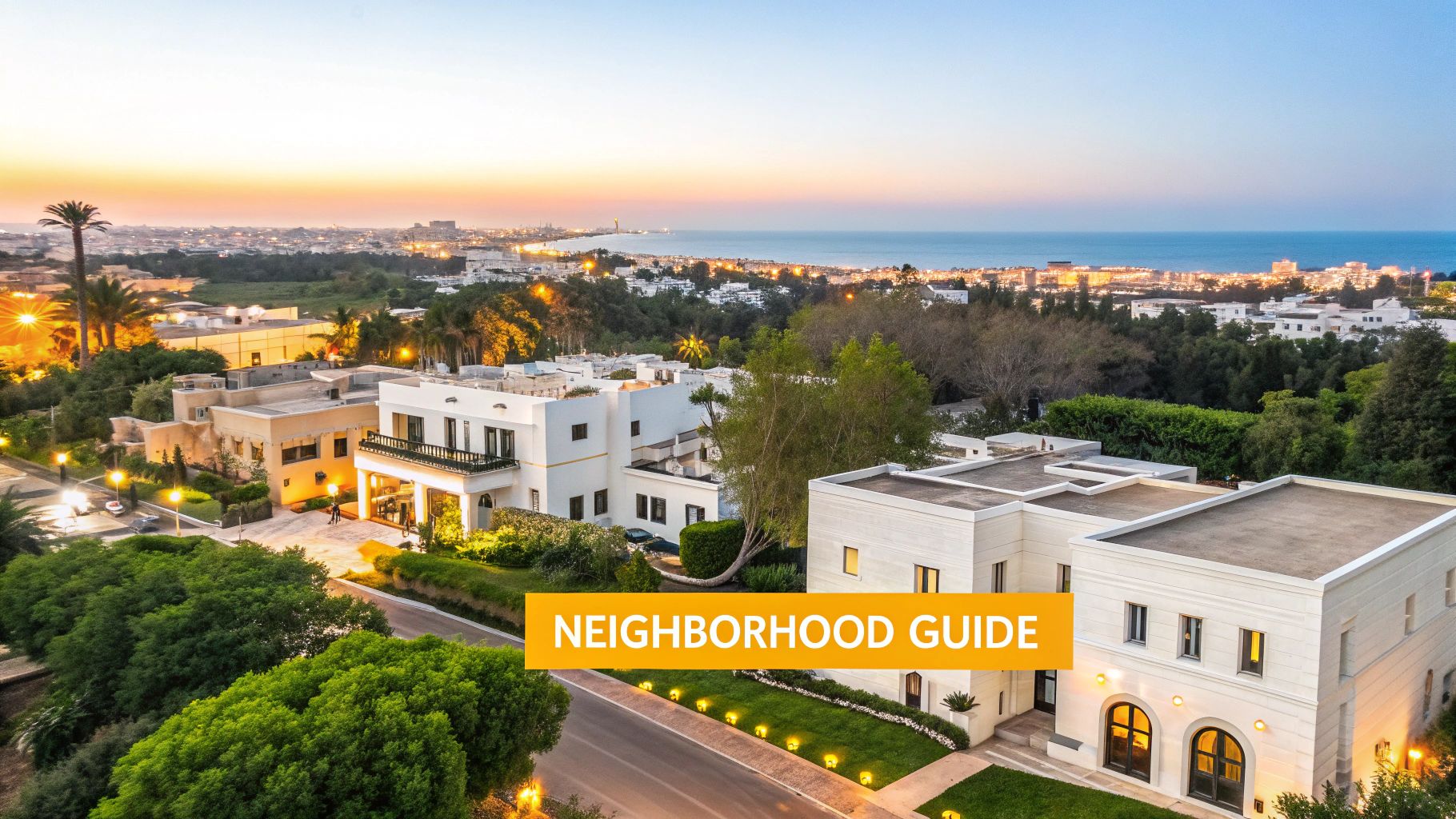 Elegant villa neighborhood in Casablanca with lush greenery and modern architecture.