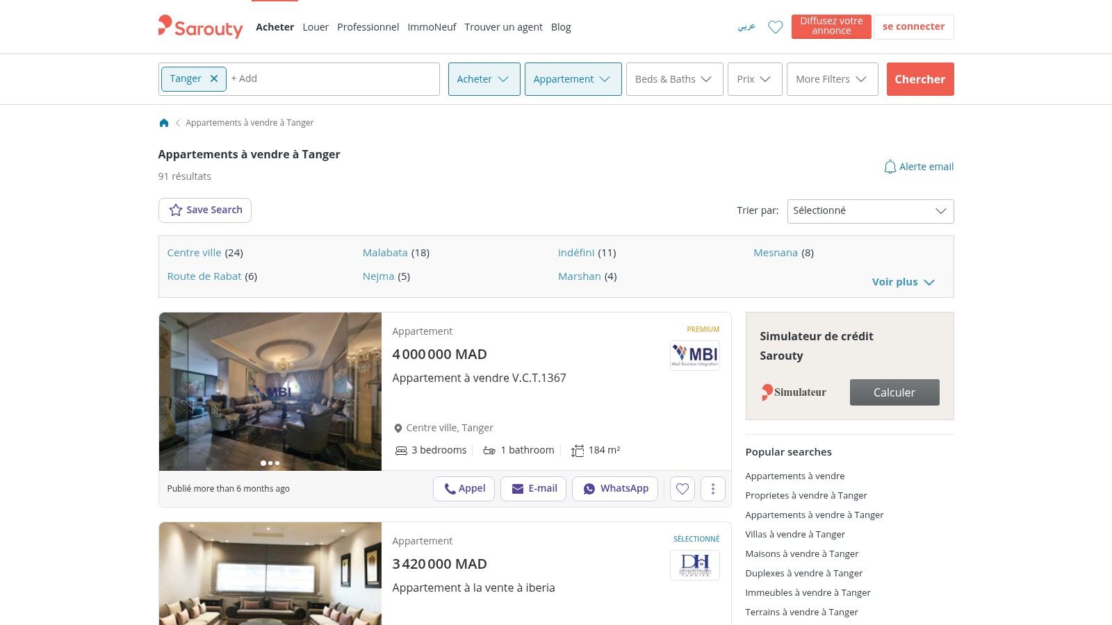 Sarouty homepage showing a map-based search for apartments in Tangier