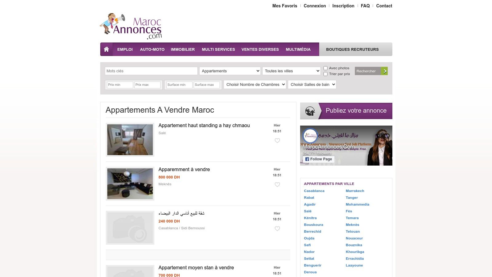 MarocAnnonces interface showing apartment listings in Tangier