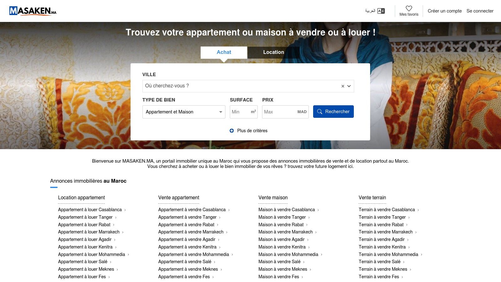Masaken.ma listings page for Tangier