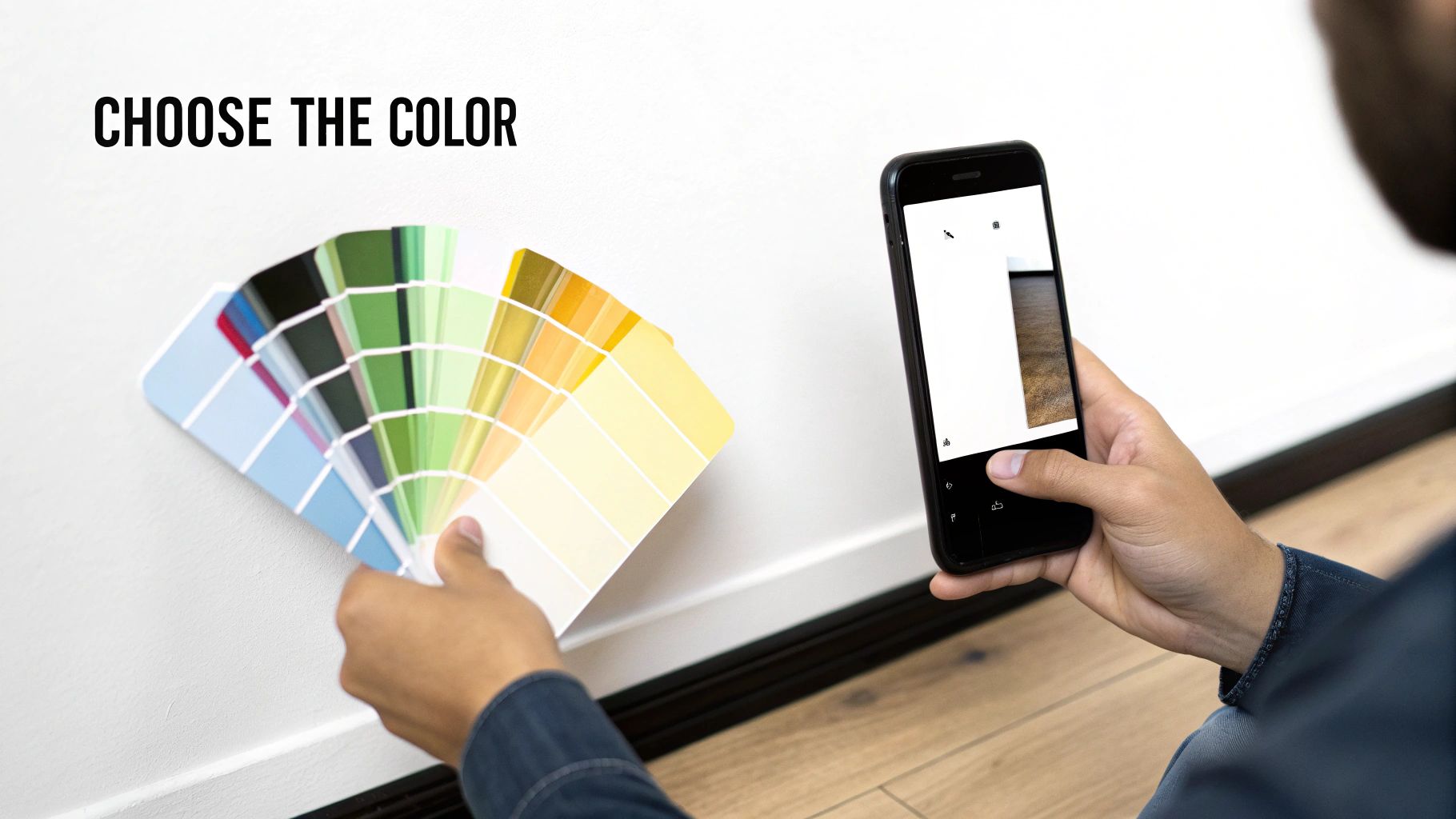 A person holding a paint color swatch fan and a smartphone, choosing wall paint colors.