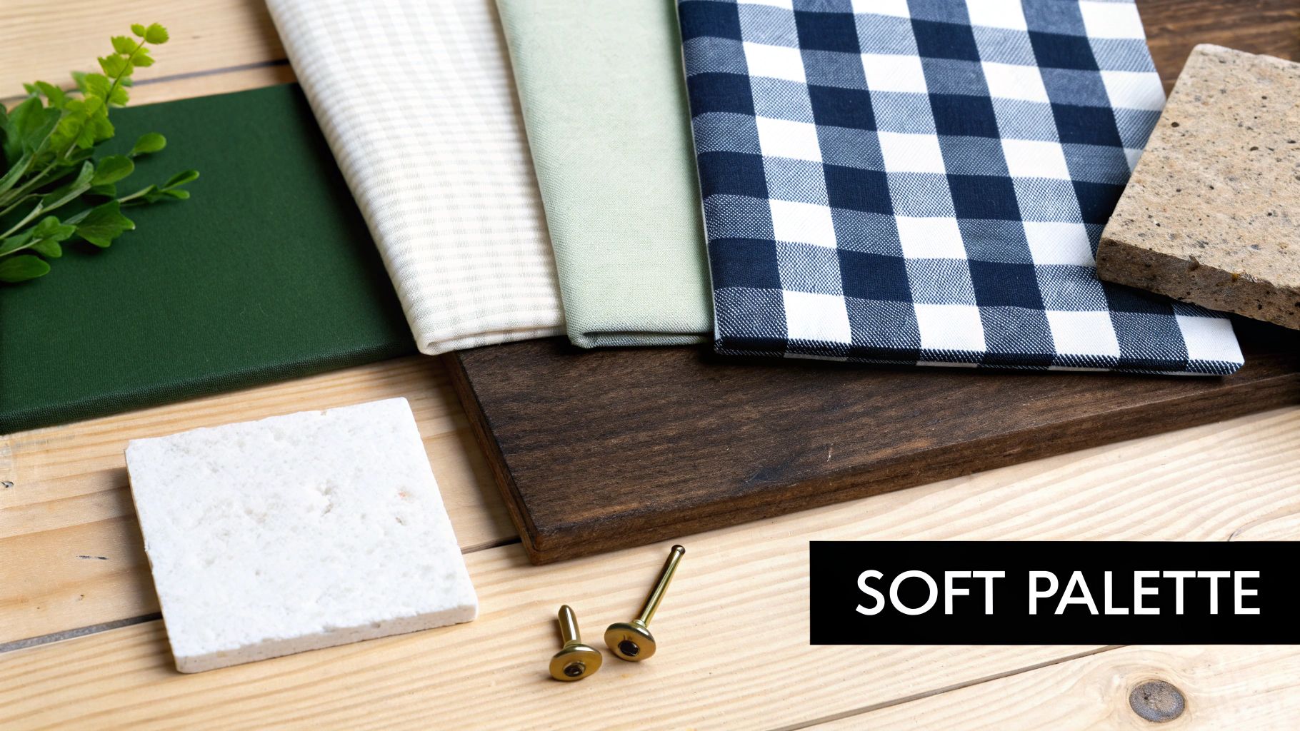 A flat lay of various fabric swatches, natural stone samples, and hardware for a soft interior palette.