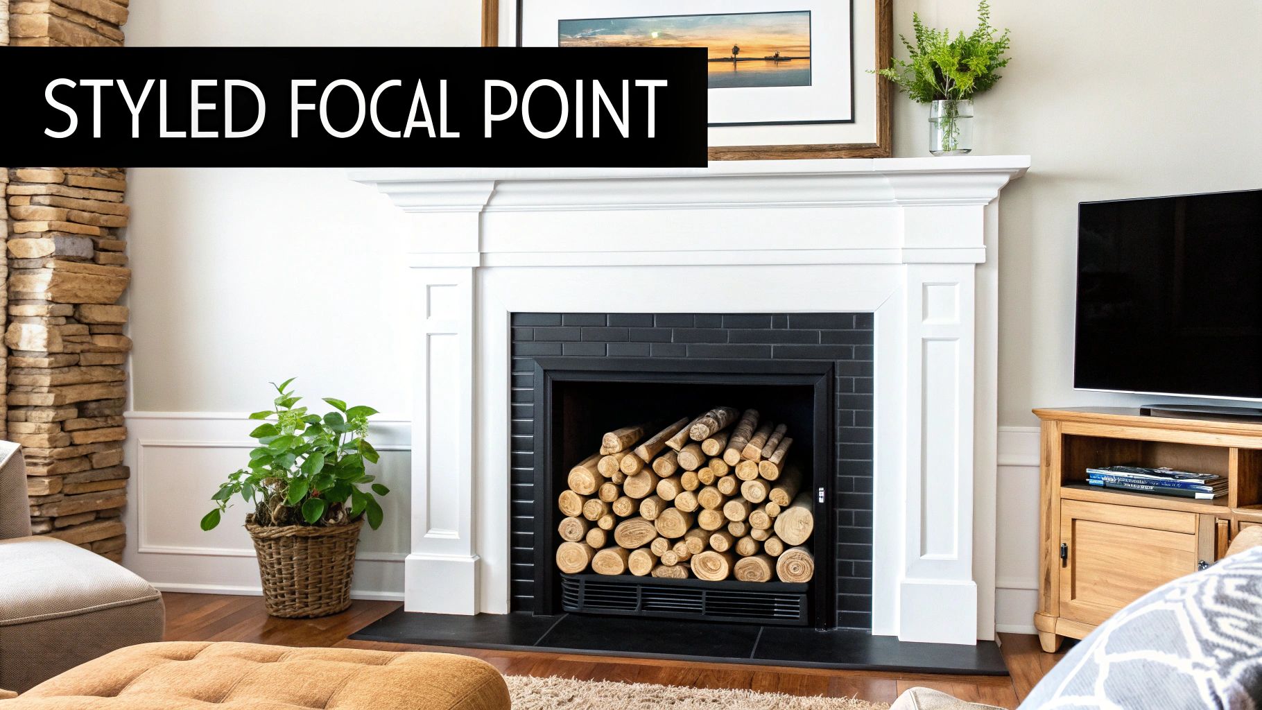 A modern living room featuring a white fireplace with a black tile surround and stacked logs.