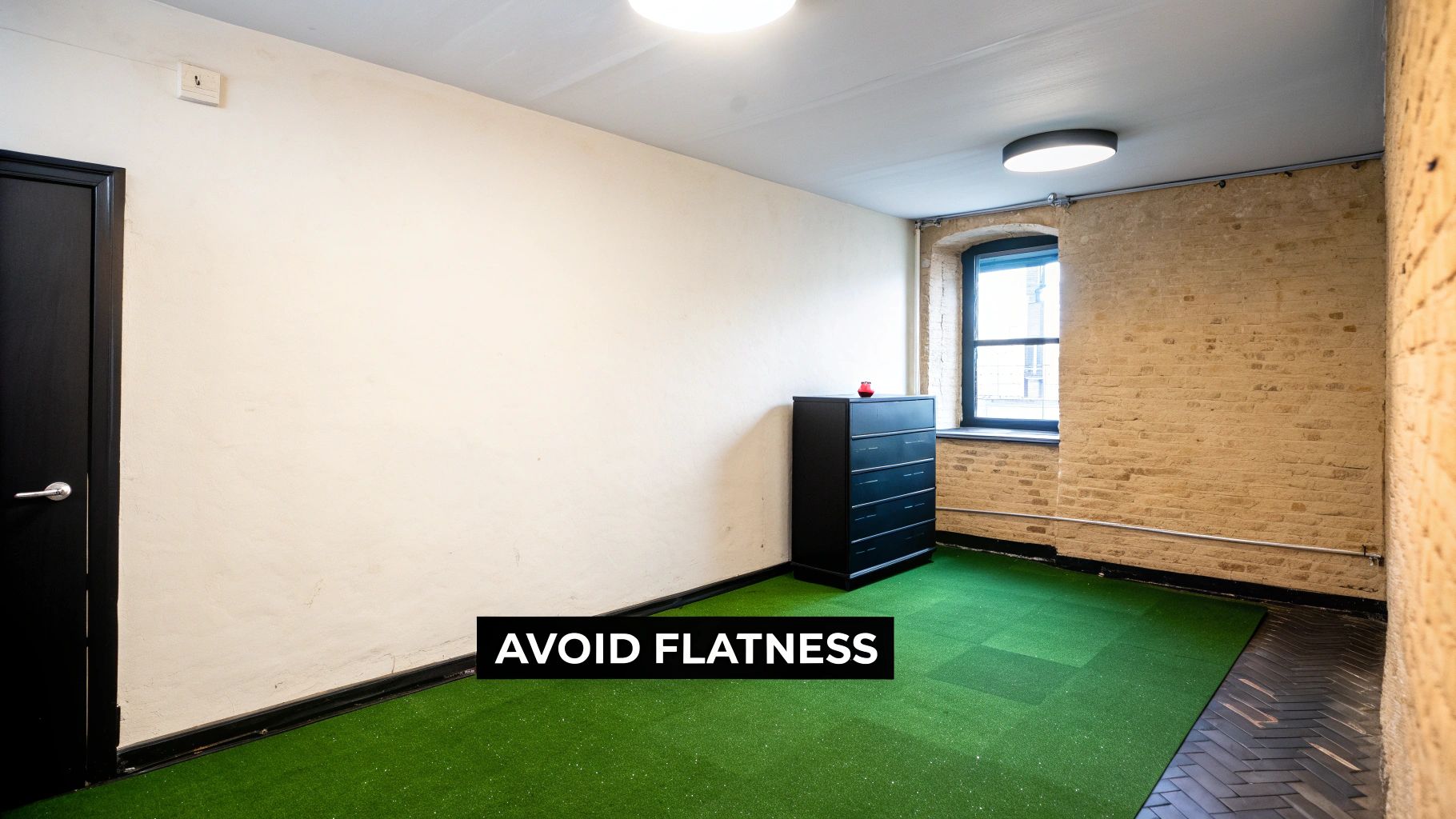 Modern minimalist room with exposed brick wall, green carpet flooring, and black dresser demonstrating design depth