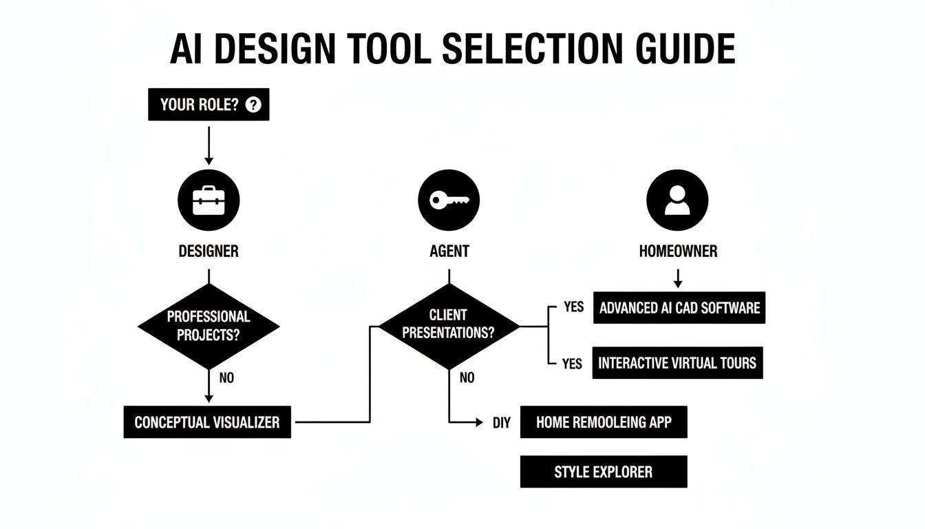 A flowchart guiding AI design tool selection for designers, agents, and homeowners based on their project needs.