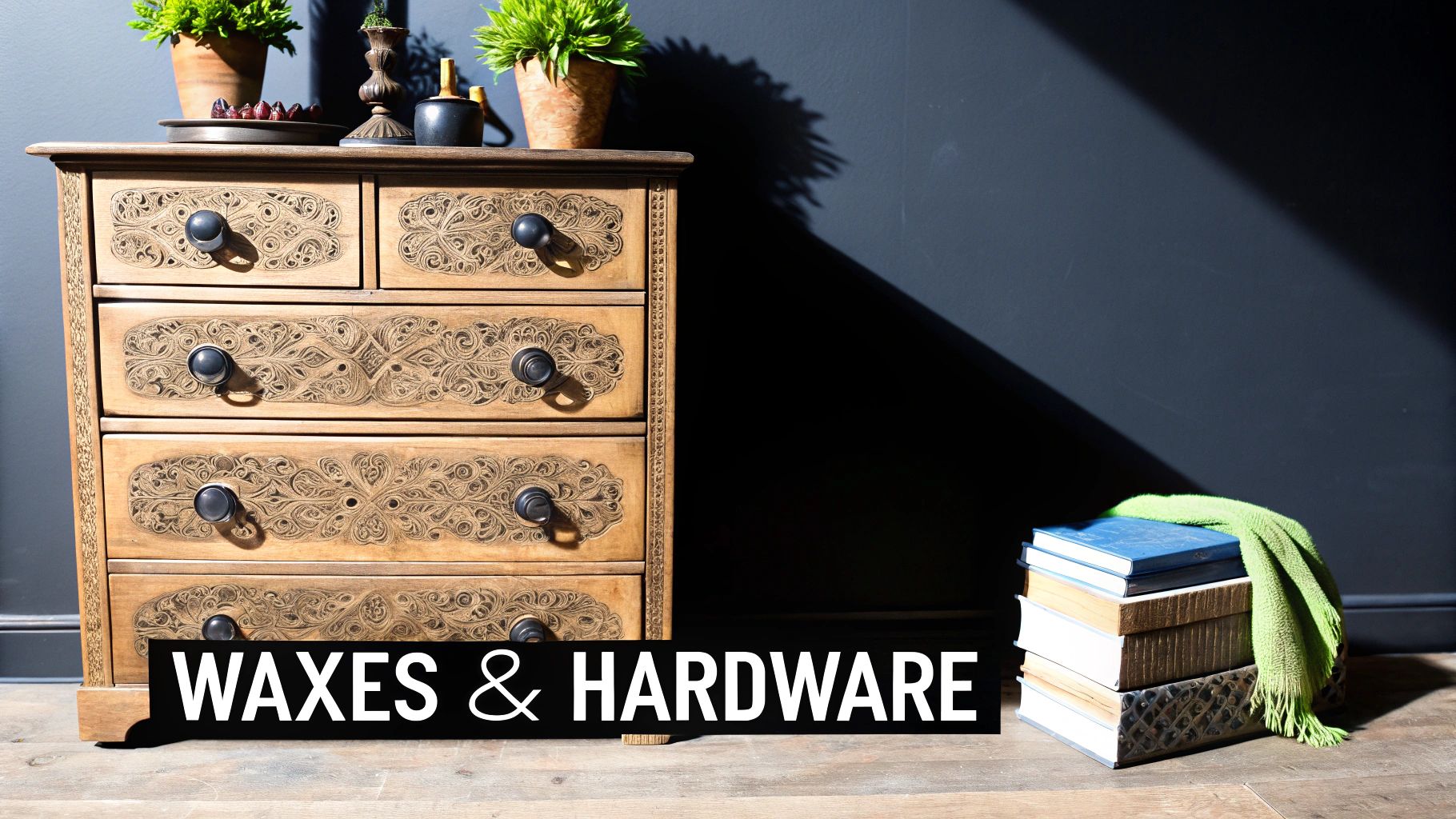 A distressed wooden dresser with carved drawers and dark knobs, featuring the text 'WAXES & HARDWARE'.