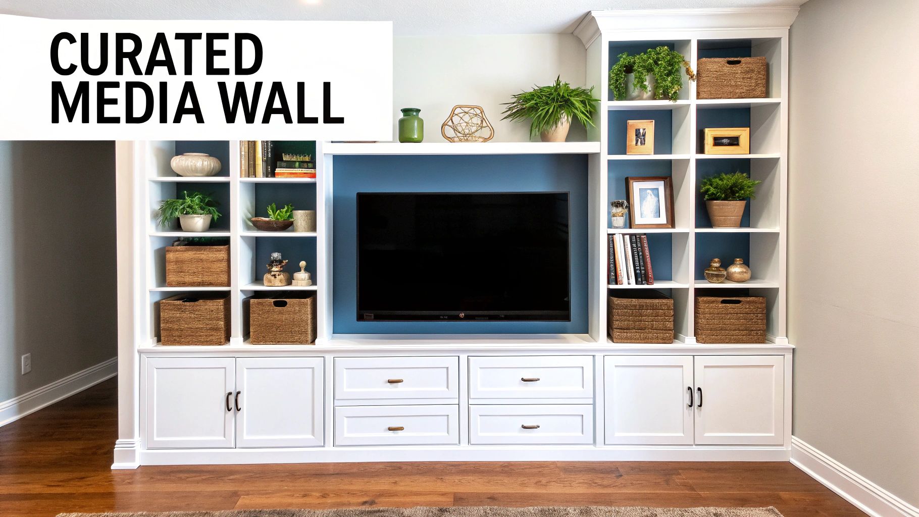 A stylish white media wall featuring a mounted TV, blue-backed shelves, cabinets, and drawers, decorated with plants and baskets.