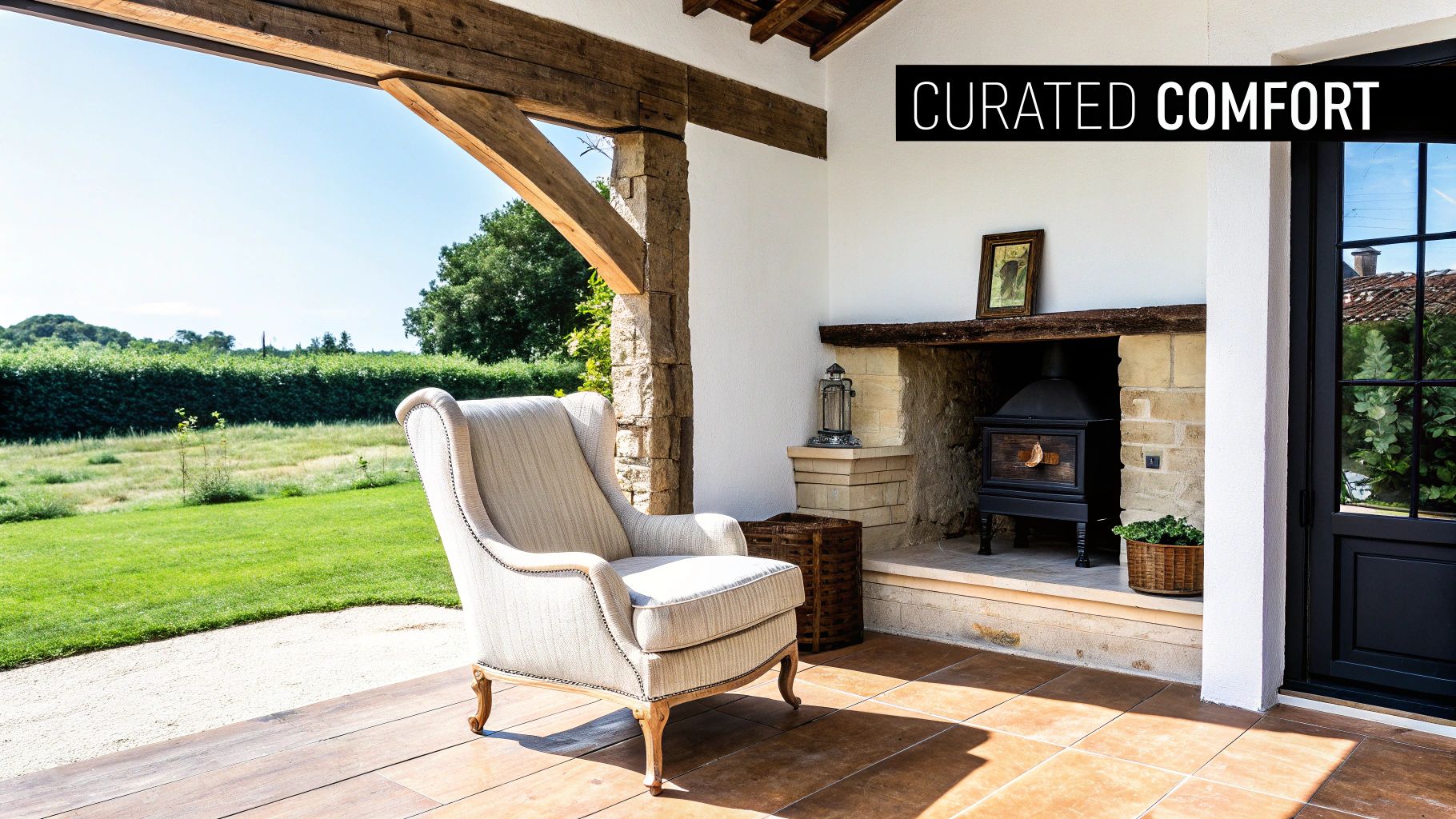 Rustic covered patio with an elegant armchair, wood-burning stove, and scenic countryside view.