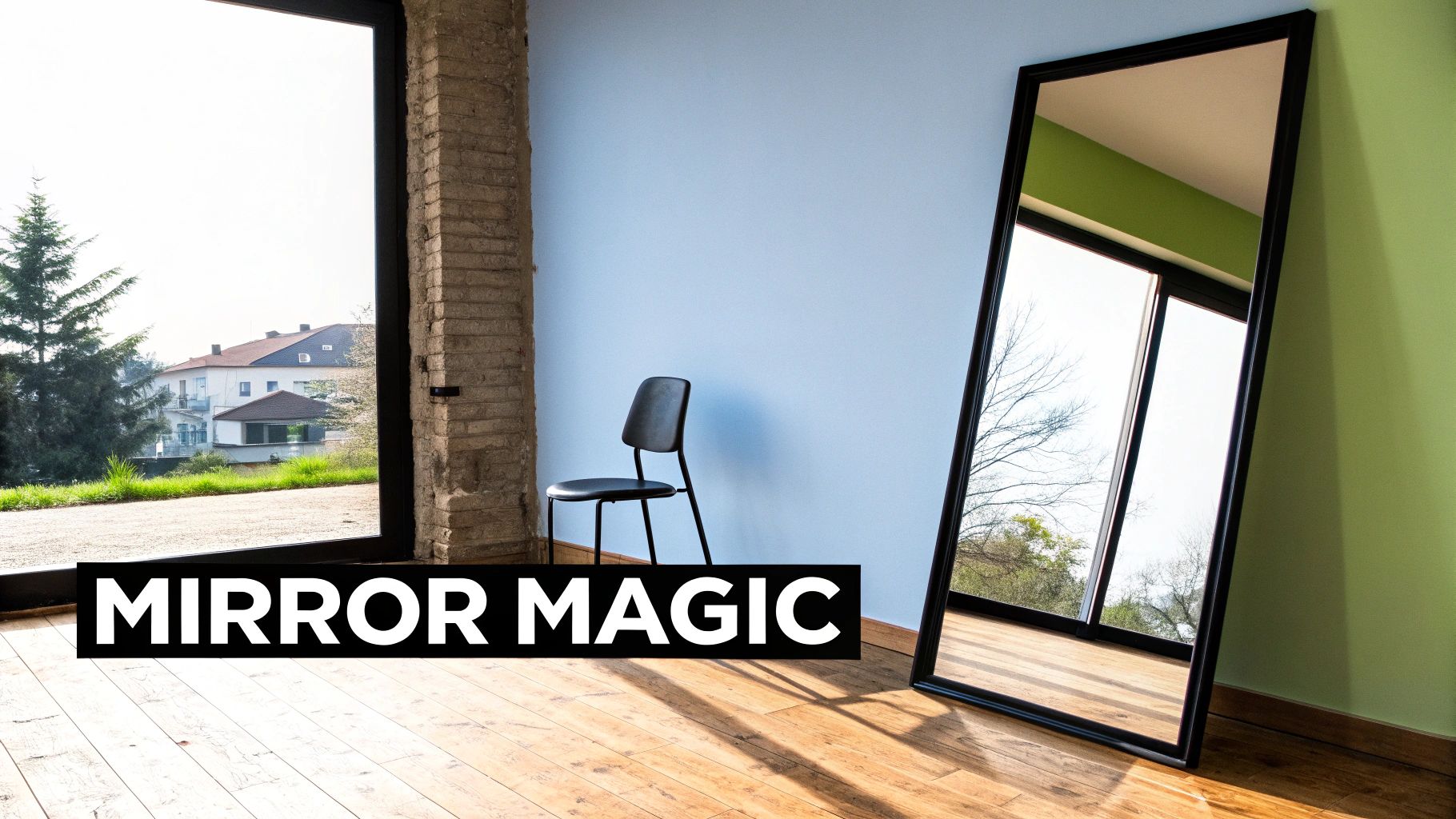 An interior scene with a large mirror reflecting a window and a green wall, next to a blue wall.